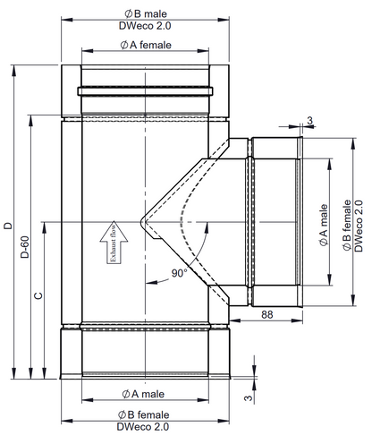 Edelstahlkamin - T-Anschluss 90° - doppelwandig - Jeremias DW-ECO